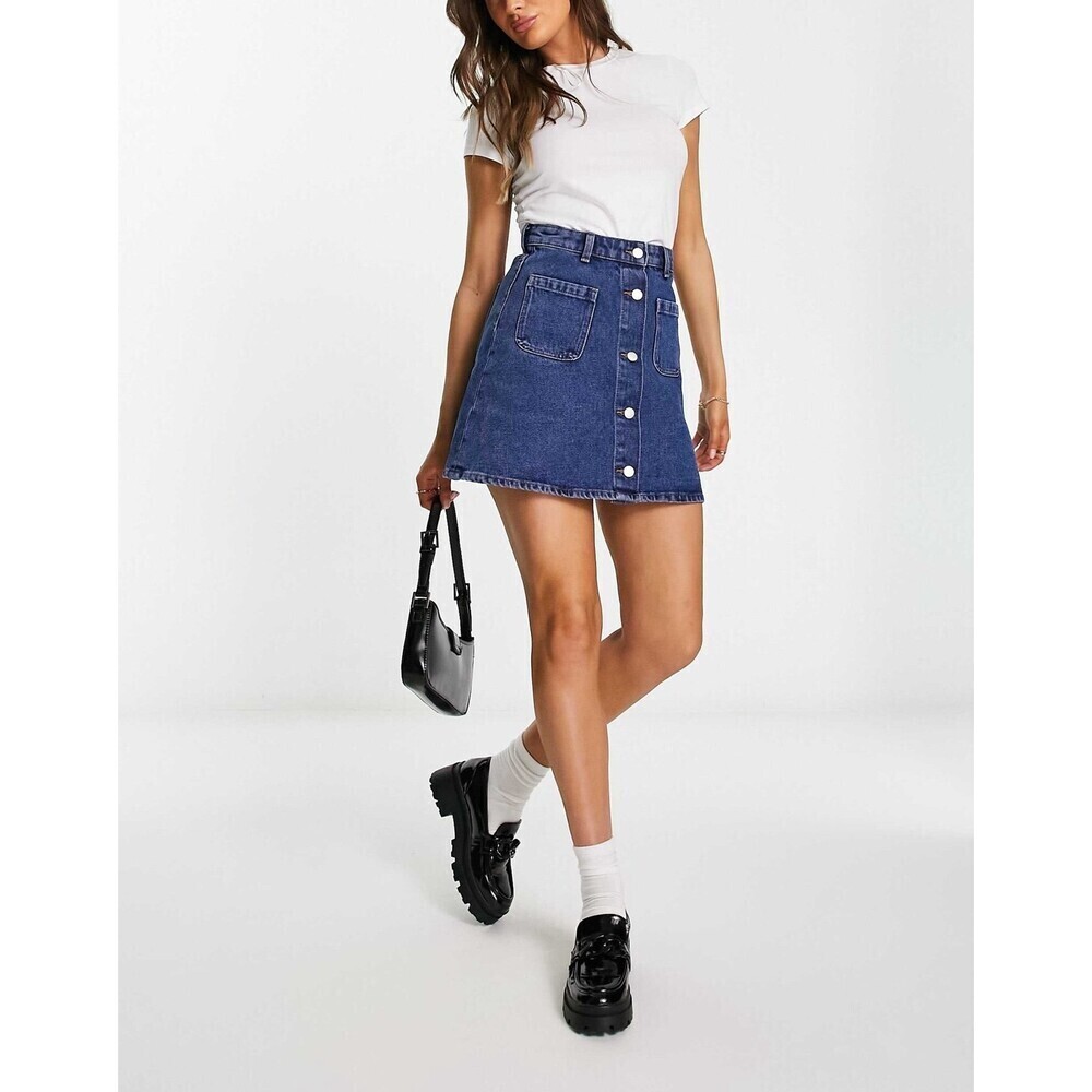 ASOS Monki denim button through mini skirt in mid-blue wash 38 /6